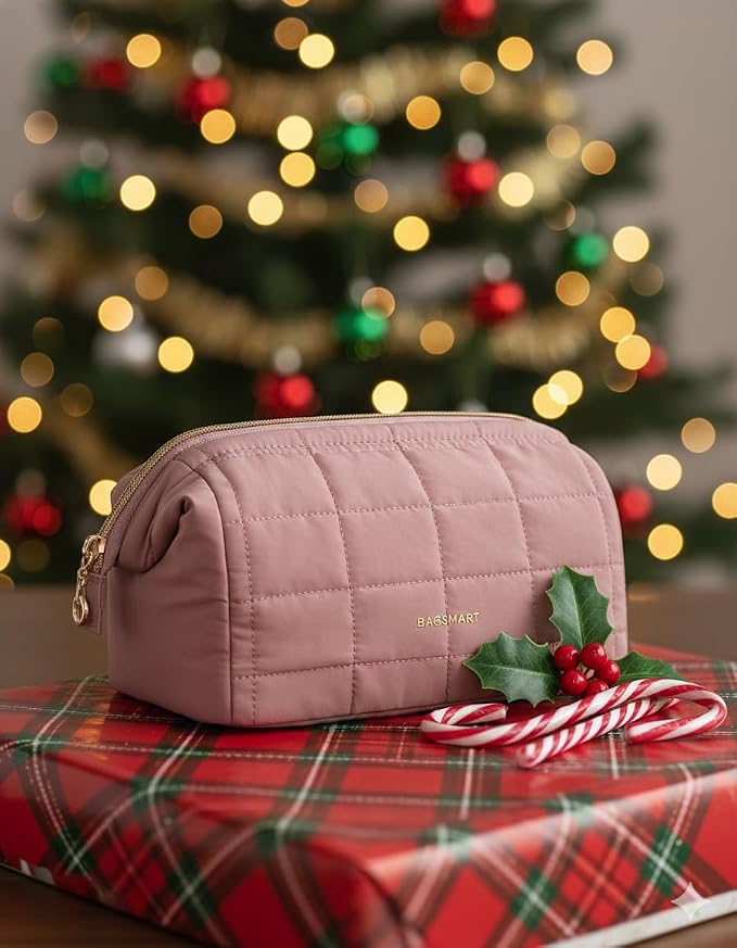 BAGSMART Makeup Bag Travel Toiletry Bag, Wide-open Zipper Pouch, Dark Pink | Puffy Padded, Travel Essentials, Make Up Bag, For Women, Makeup Organizer, Toiletries Accessories Brushes - Image 2
