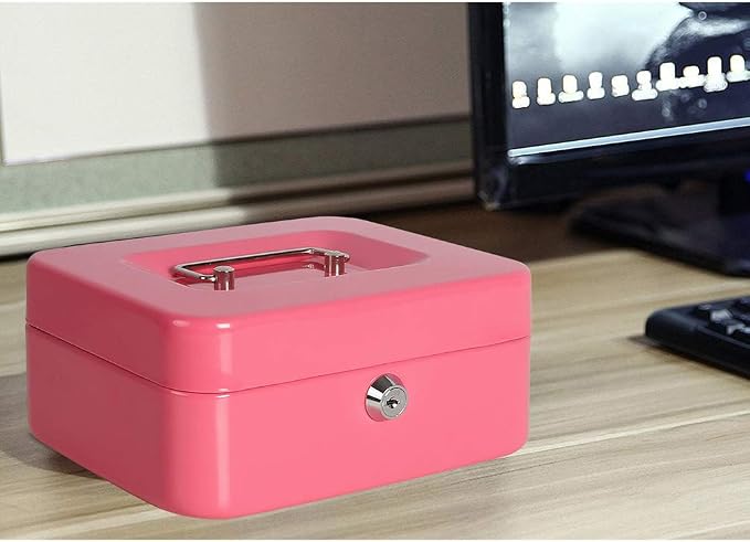Jssmst Small Cash Box with Key Lock - Durable Metal Cash Box with Money Tray Pink, CB0104M - Image 6