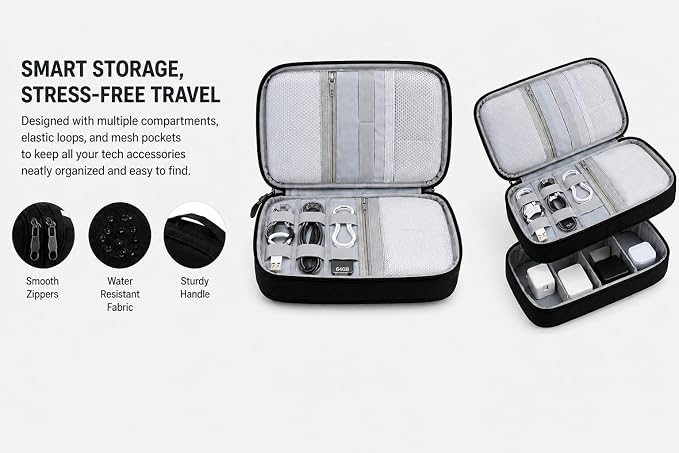 Electronic Organizer Travel Essentials Case, Waterproof Double Layer Cable Storage Pouch Bag for Charger, USB Cords, Power Bank, Phone Mouse SD Card Earphone Camera, Tablet (Up to 11 inch) - Image 8