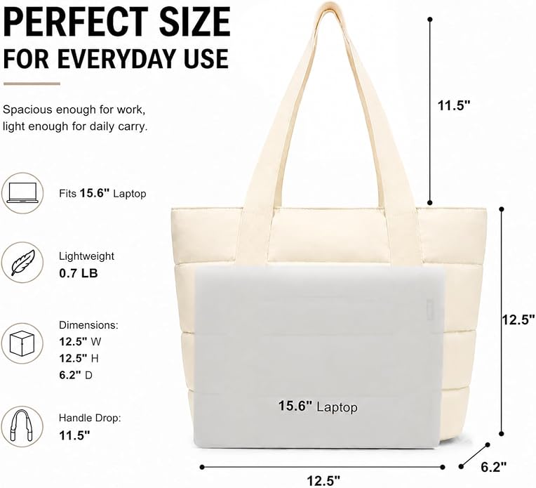 Tote Bag for Women, Lightweight Puffy Tote Bag with Compartments Handbag Fits 15.6'' Laptop for Work, Gym, Shopping - Image 2