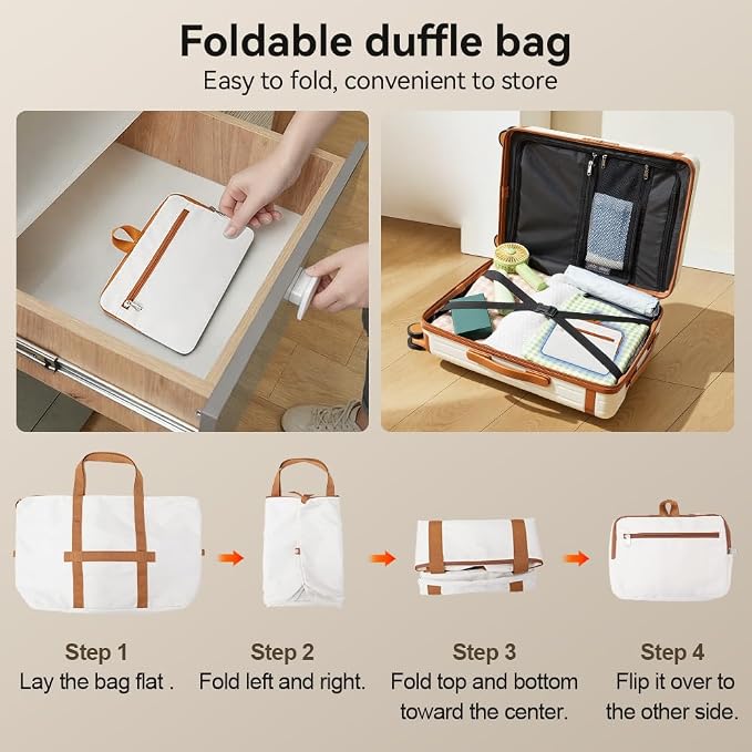 Travel Duffel Bag 60L Large Tote Carry On Foldable, White-Brown | Carry On Duffel Bag for Women Men, Foldable Bags for Travel, Hospital Bag for Labor and Delivery, Weekender Overnight Bag - Image 4