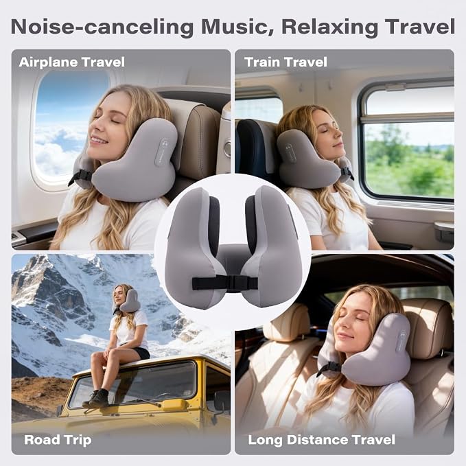 Neck Travel Pillows for Airplanes with Bluetooth, Premium Memory Foam Neck Pillow, Noise Reducing Travel Pillow for Long Flight, Office, Cars, Home, Sleeping and Rest, Gray - Image 5