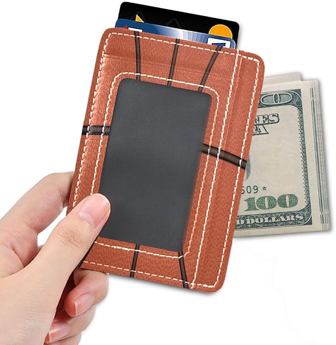 Front Pocket Minimalist Leather Slim Wallet Credit Card Holder Basketball for Men & Women - Image 4
