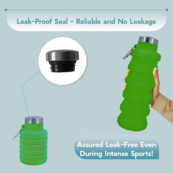 Collapsible Water Bottles 17oz, Odorless BPA-Free Silicone, Leak-Proof Foldable Reusable Bottle - Perfect for Travel Sports Gym Hiking Camping Cycling - Green - Image 6