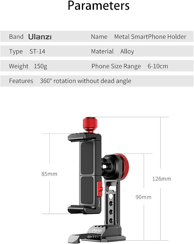 Cell Phone Tripod Mount, ULANZI ST-14 Smartphone Tripod Mount Adapter | Aluminum with Cold Shoe, 360° Cell Phone Stand Holder Clamp for iPhone17 16 15 14 13 12 11 Max Pro iPhone X XR Xs 6 7 Plus - Image 9