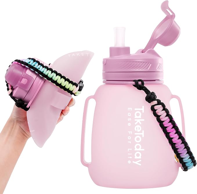 TakeToday Collapsible Water Bottles for Outdoor, 40oz, Purple | Time Marker, BPA-Free Silicone, Folds for Travel, Paracord Handle for Hiking, Gym, Camping, Leakproof by TAKETODAY