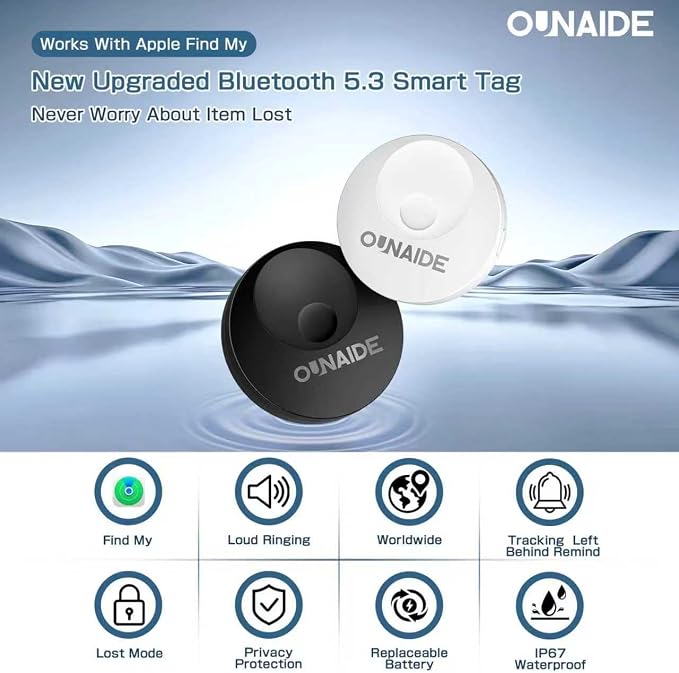 OUNAIDE Air-Tags-2 Pack, Smart Air Tracker Tag, Bluetooth Tracker for Apple Find My (iOS Only), Waterproof Key Finder Tracking Device for Kids Keys Luggage Bags Wallets Pets and More - Black&White - Image 2