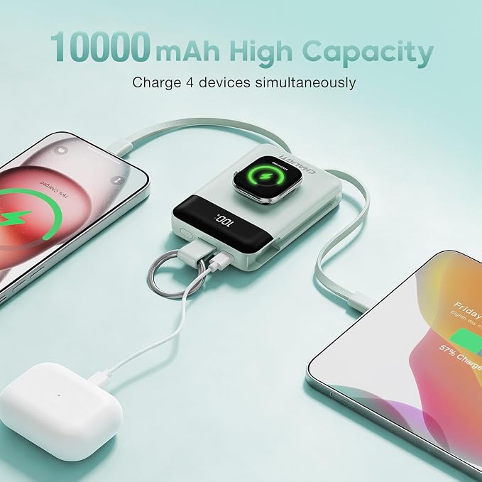 10000mAh Portable Charger,22.5W Power Bank&iWatch Charger,Green | LED Display,Built-in Cables,Super Fast Charging,Travel Keychain Battery Pack for iPhone 17/16/15/14/13/12,Apple Watch Series - Image 2