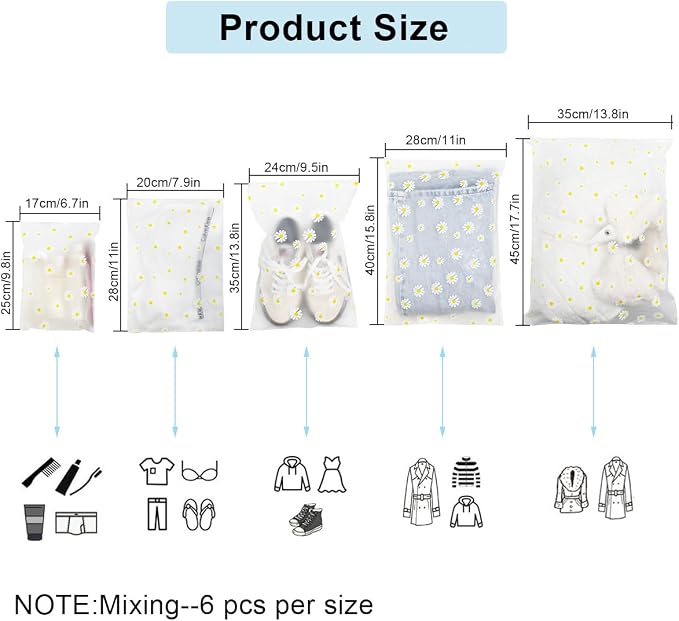 30PCS Travel Storage Bags for Clothes, Clear Plastic Ziplock Bags, 5 Size | Daisy Pattern, Reusable Zipper Pouches, Waterproof Resealable Clothing Zipper Bags, Luggage Organizer, Shoes Cosmetics Use - Image 3