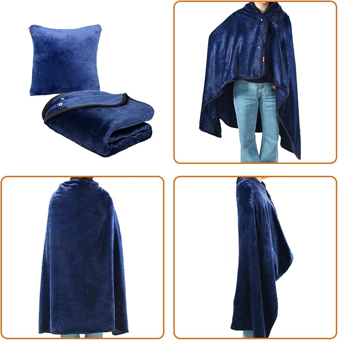 Travel Blanket & Pillow 3-in-1, 60"x43" Warm Flannel Wearable Blanket, Compact Packable Flight Blanket for Business Travel, Wheelchair & Road Trip - Image 5