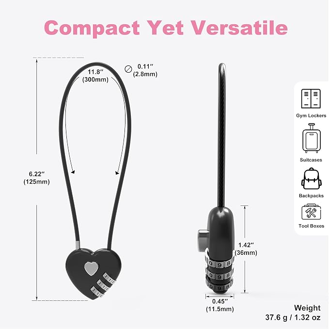 3 Digit Combination Lock Cable 1 ft, Combo Long Cable Lock with Code, Thin Wire Small Padlock Combination, for Travel Luggage, Backpack, Cabinet, Fridge Door, Bike Motorcycle Helmet - Image 3
