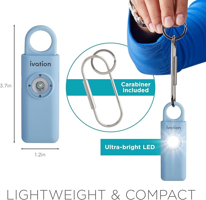 Ivation Personal Rechargeable SOS Alarm, Pocket Size Loud 130dB Sound Safety Siren & LED Panic Strobe Light with Carabiner Keychain Clip for Women, Children & Seniors, Blue - Image 5