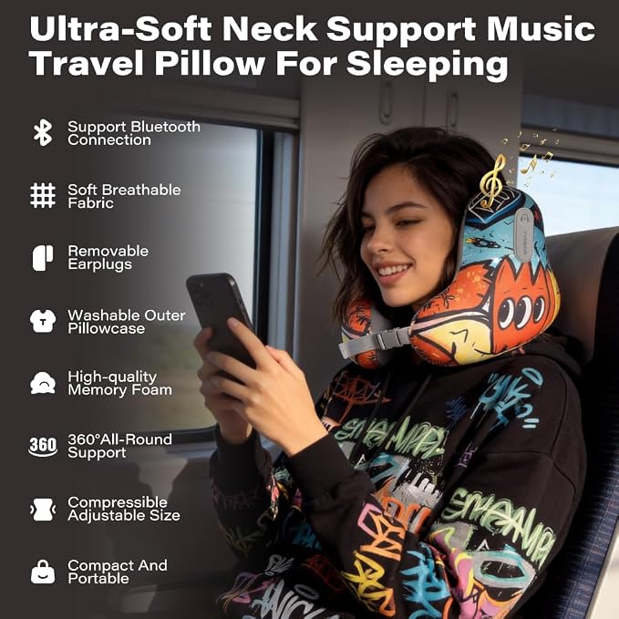 Bluetooth Travel Neck Pillow, Memory Foam | Built-in Headphones, Neck Support, Airplane Sleep, Noise Reducing, Adjustable Fit, Flights, Cars, Trains - Image 5