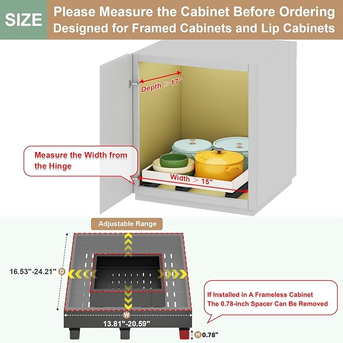 Fokyfok Pull out Cabinet Organizer,15"-21"W,17"-24"D,Expandable,Adhesive | No Drill,3 Rails,Roll out Drawers,Adjustable Slide out Shelves for Kitchen,Pantry,Framed and Framless Cabinets,Black,1PC - Image 2