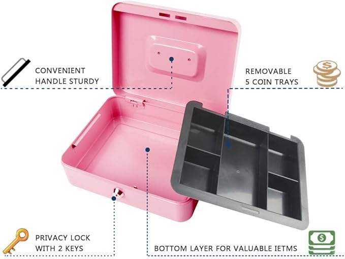 KYODOLED Large Metal Cash Box with Money Tray and Lock,Money Box with Cash Tray,Cash Drawer,9.84"x 7.87"x 3.54" Pink Large - Image 2