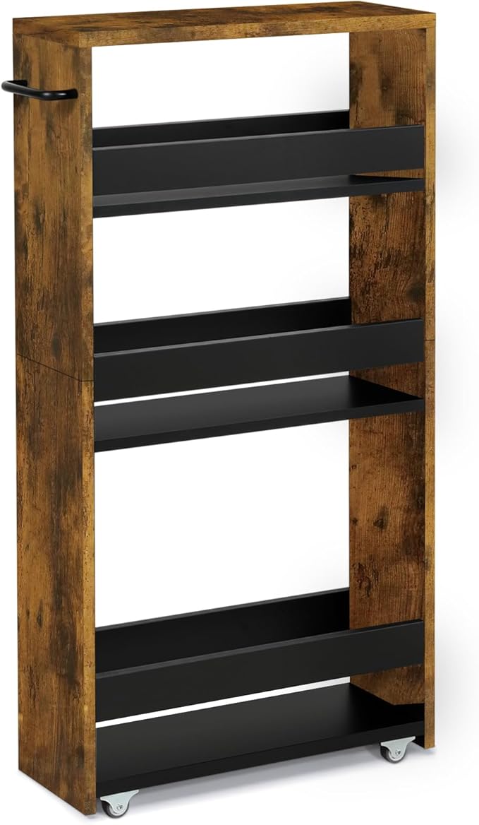 TEAMIX Slim Rolling Storage Cart, Wood 4-Tier Narrow Kitchen/Laundry Cart | 5.5"W Thin Cabinet with Wheels and Handle, Use as Spice Rack Next to Fridge, Laundry Room Organization Between Washer & Dryer by TEAMIX