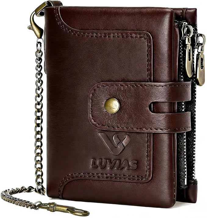 Mens Wallet with Chain Genuine Leather 1 ID Window Purse with RFID Blocking Bifold Double Zipper Coin Pocket by Unknown