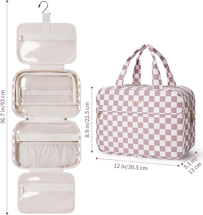 Narwey Hanging Travel Toiletry Bag for Women Checkered Makeup Bag Organizer Cosmetic Make up Toiletries Bag for Travel Essentials Accessories (Dusty Pink Checkerboard, Large) - Image 8