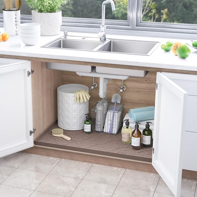 Waterproof Under Sink Mat 22" x 22" Silicone Mat Cabinet Protector | Heavy Duty Kitchen Cabinet Liner, Easy Press Drain, Home Essentials for Pet Feeding, Boots, Bathroom, Organizers & Storage - Image 2