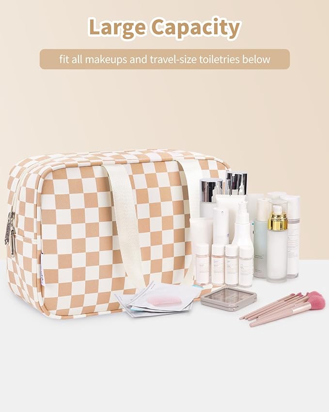 Narwey Large Travel Toiletry Bag Women, Checkered Makeup Bag with Handle, Portable Make up Cosmetic bag Organizer, Travel Bag for Toiletries, Skincare, Medicine, Essentials (Light Checkerboard, Large) - Image 6