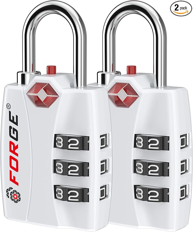 Forge Open Alert TSA Approved Luggage Locks - 3 Digit Combination, Easy Read Dials, Zinc Alloy Body - Ideal Travel Lock for Luggage, Suitcases, Bags & Toolboxes. White 2 Locks. by Forge