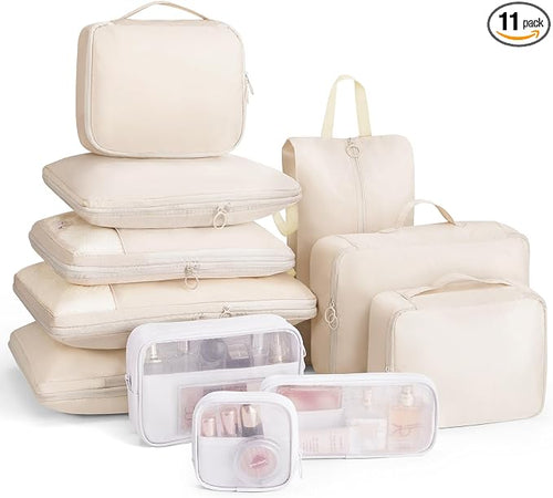 11pc Compression Packing Cubes for Travel, Expandable Suitcase Organizer Bags Set for Carry on Luggage, Essential Travel Accessories for Clothes, Beige by Unknown