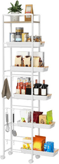 6 Tier Slim Storage Cart with Pull-Out Baskets Rolling Cart with Wheels Wood Top Narrow Utility Cart Metal Shelving Units for Pantry Laundry Room Bathroom Kitchen White 8in(W) by Unknown