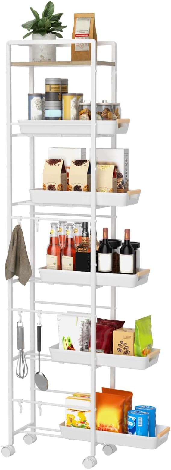 6 Tier Slim Storage Cart with Pull-Out Baskets Rolling Cart with Wheels Wood Top Narrow Utility Cart Metal Shelving Units for Pantry Laundry Room Bathroom Kitchen White 8in(W) by Unknown