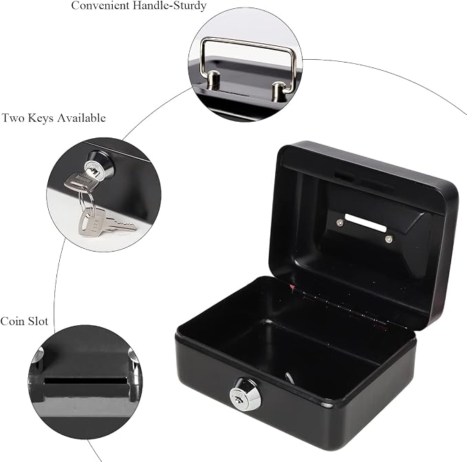 Small Cash Box with Lock and Slot - Jssmst Metal Coin Bank Small Lock Box, Black(SMCB0301N) - Image 9