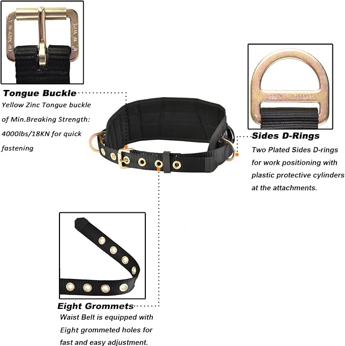 Tongue Buckle Body Belt With Waist Pad and 2 Side D-Rings Personal Protective Equipment Safety Harness | Waist Fitting Size 33'' to 47'' for Work Positioning, Restraint - Image 3