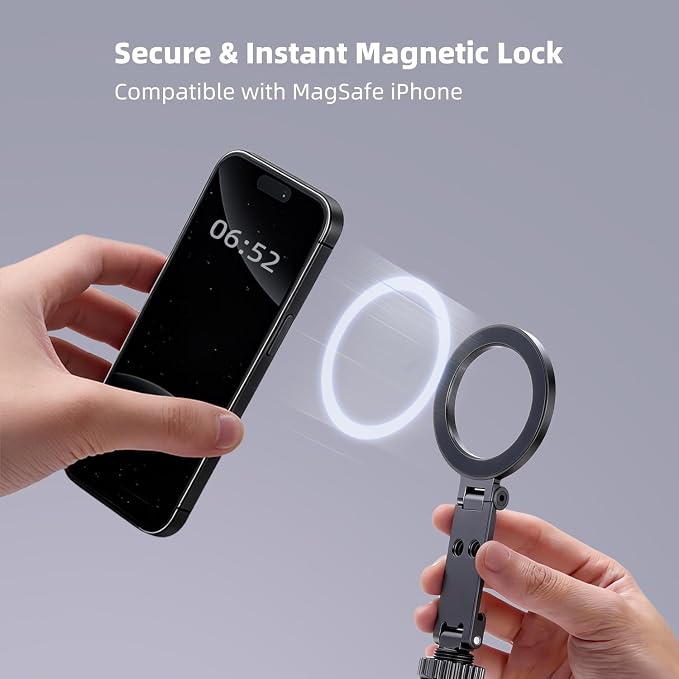 Universal Magnetic Phone Holder with Tripod & Camera Mount Adapter | Aluminum, 1/4" Thread & Cold Shoe, Fits iPhone MagSafe, 360° Rotatable, Foldable, Portable Design for Photography/Video/Vlog - Image 3