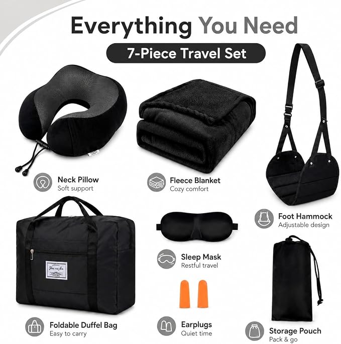 Travel Pillow and Blanket Set - Foot Hammock Rest Airplane Essentials Black | Memory Foam Neck Pillow Plane Foot Rest Airplane Accessories Essentials, Foldable Duffel Bag Eye Mask Earplugs for Comfort - Image 3