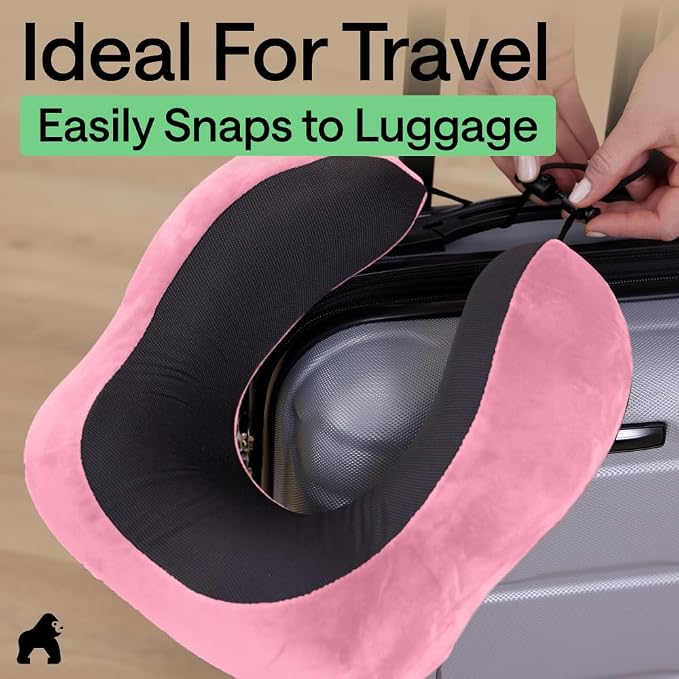 GORILLA GRIP Adjustable Travel Neck Pillow for Airplanes, CertiPUR-US® Memory Foam, Soft Velvet and Cooling Mesh Pillows, Support Headrest for Sleeping, Traveling Essentials, Flight Accessories, Pink - Image 9