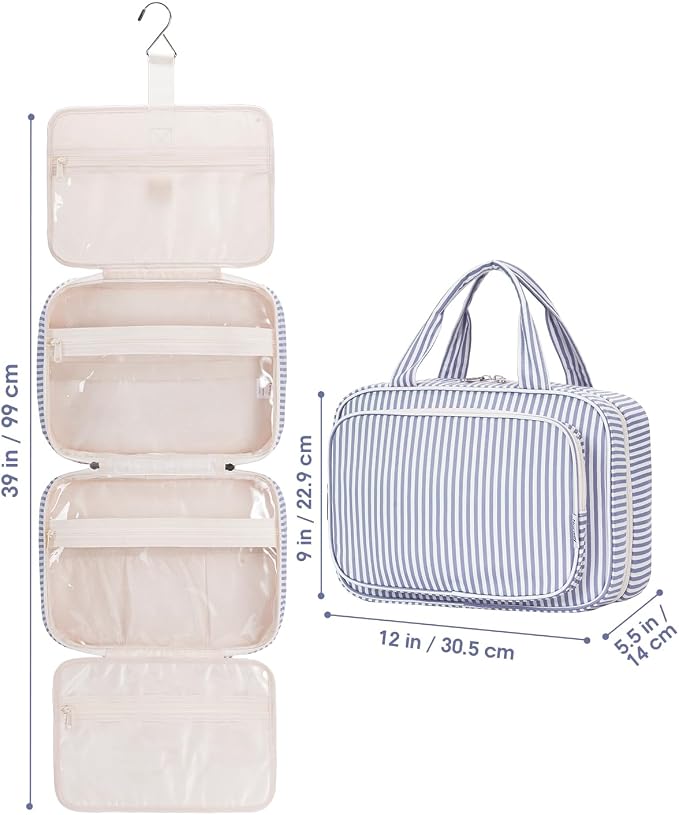 Narwey Striped Travel Toiletry Bag for Women Large Hanging Makeup Bag Organizer Toiletries Bag for Full Size Essentials Accessories Cosmetics (Greyish Blue Stripe (Large)) - Image 9