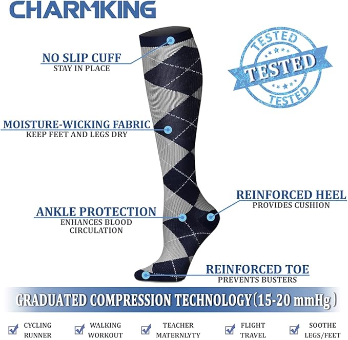 CHARMKING Compression Socks for Women & Men Circulation (8 Pairs) 15-20 mmHg Best Calf Socks Support for Athletic Cycling - Image 4