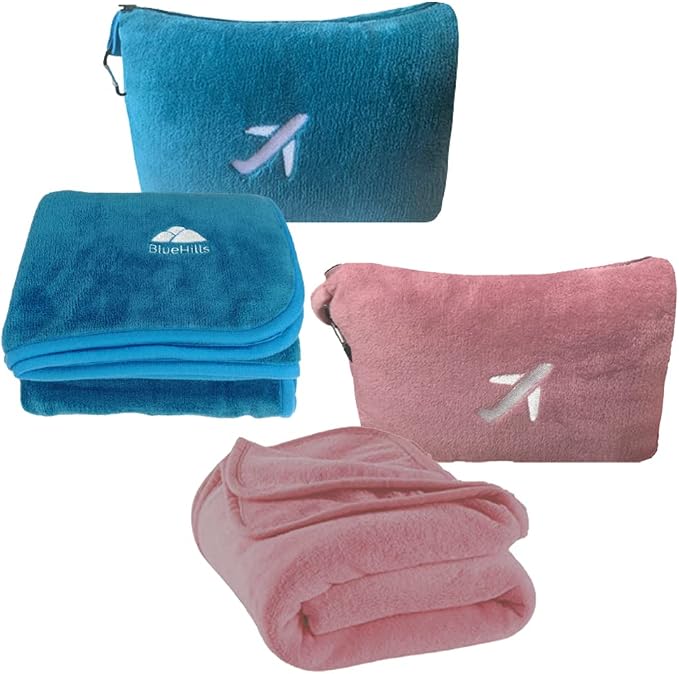 BlueHills Premium Soft Mini Plush Travel Blanket Value Pack Set of 2 - Airplane Travel Essential Flight Blanket Throw in a case with Strap Compact for Car Plane Travel Gift –Pink and Teal Blue. by BlueHills