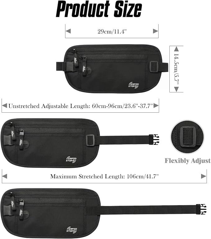 MoKo Travel Money Belt with RFID Blocking, Hidden Passport Wallet, Black | Ultra-thin money belt has moisture-wicking backing and an adjustable strap for 24-38 in waists; fits under clothing. - Image 7