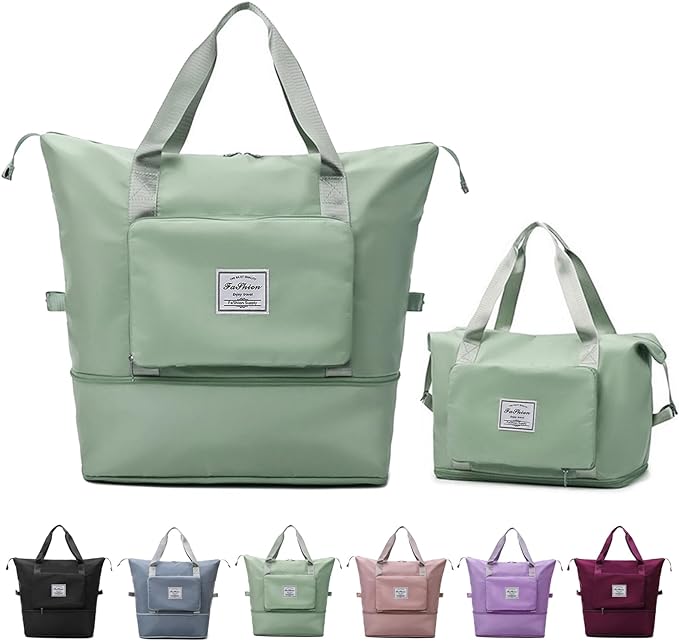Large Capacity Folding Travel Bag, Lightweight Waterproof Luggage Bag, Expandable Travel Duffel Bag, Dry Wet Separated Gym Tote Bag, Weekender Overnight Bags for Women and Man (Light Green) by DOJUNS