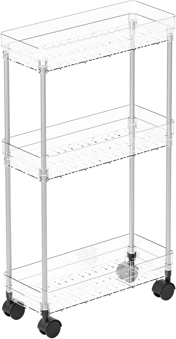 Clear 3 Tier Slim Rolling Storage Cart with Wheels,6.3″W Thin Shelf,Bathroom Storage Cabinet,Skinny Laundry Cart,Narrow Laundry Room Cart Between Washer and Dryer,Skinny Shelves for Small Space by Yieach