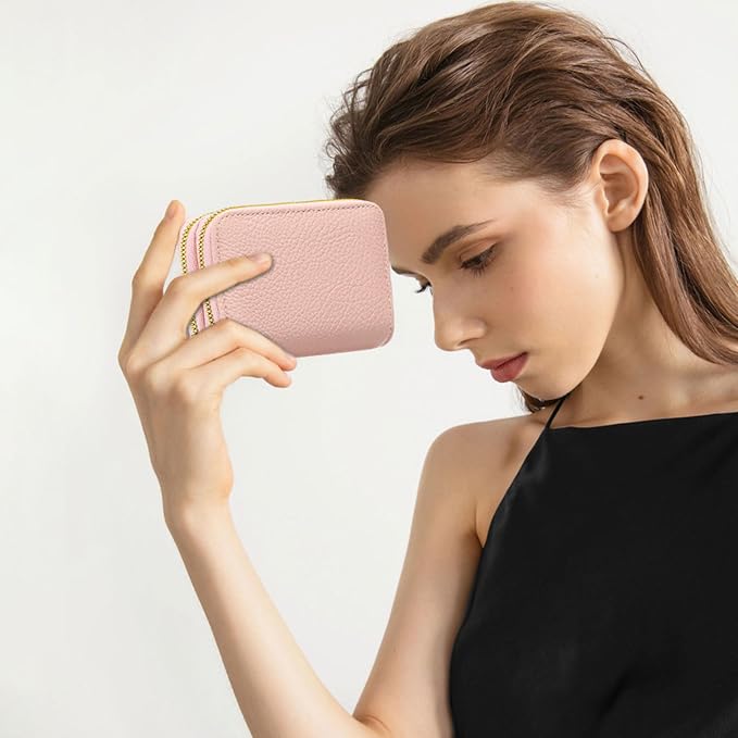 Credit Card Holder for Women Double Zipper Small Leather Card Case Wallet - Image 6