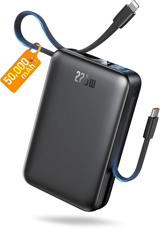 Portable Charger 50000mAh, 22.5W Fast Charge Power Bank Built-in 2 Cables | Pocket‑Friendly Portable Phone Charger for iPhone/iPad/Android/Samsung Galaxy Travel & Camping Essential (Carbon Black) by Unknown