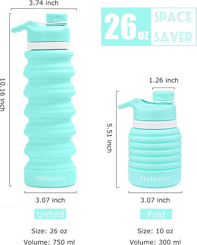 Nefeeko Collapsible Water Bottle, 26oz Silicone Foldable Water Bottles | Leakproof BPA Free Travel Water Bottles with Carabiner,Portable Sport Water Bottles for Camping,Hiking Outdoor Indoor Sport - Image 2