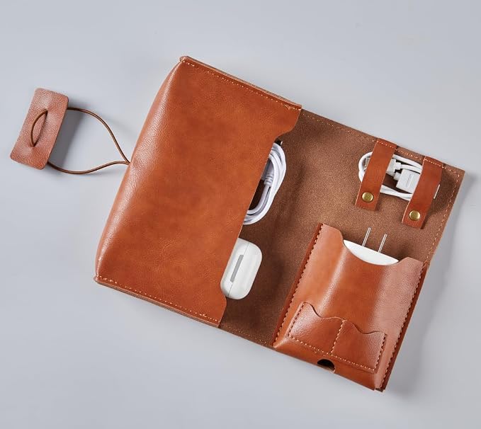 Vintage leather Electronic organizer travel case,cord keeper travel pounch, charger shortage for essentials mouse, adapter, cables,Cable Straps,Earbud case,wrap (Brown leather with band & Organizer) - Image 3