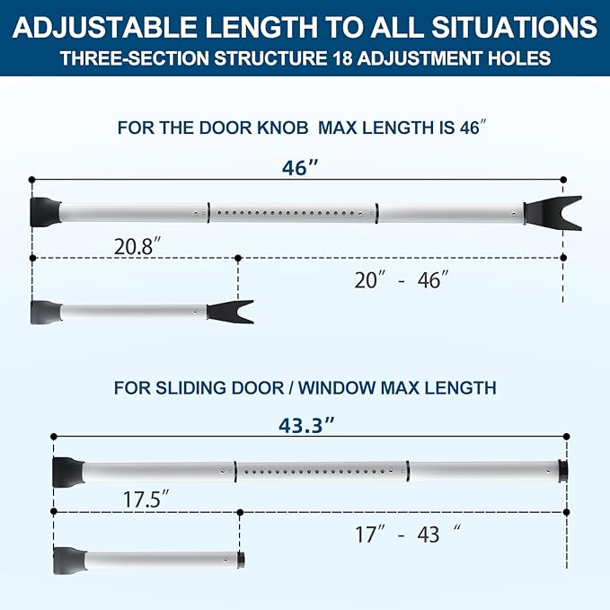 Rerishom 2 Pack Door Security Bar, Heavy Duty Patio Door Lock,White | Locking Security Bar for Door, Adjustable Home Security Barricade for Apartment, Hotel Room and Screen Door - Image 3