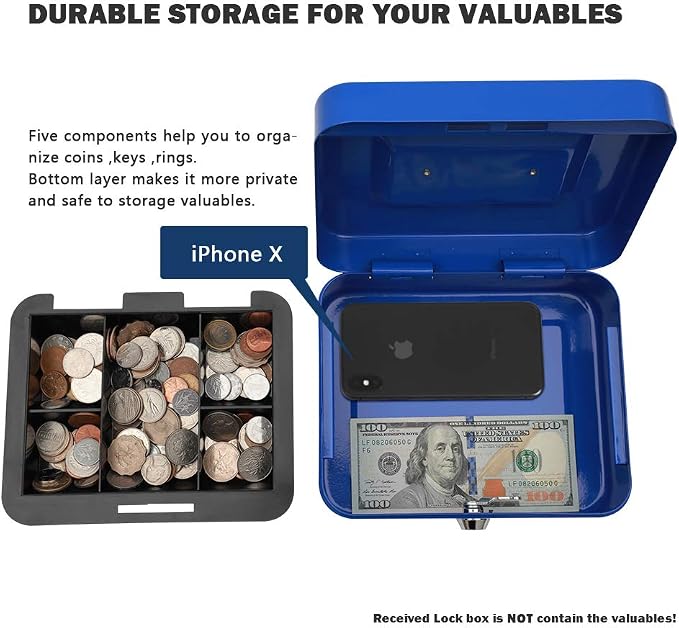 KYODOLED Cash Box with Money Tray,Storage Safe Lock Box with Key,Cash Drawer,7.87"x 6.30"x 3.54" Blue Medium - Image 3