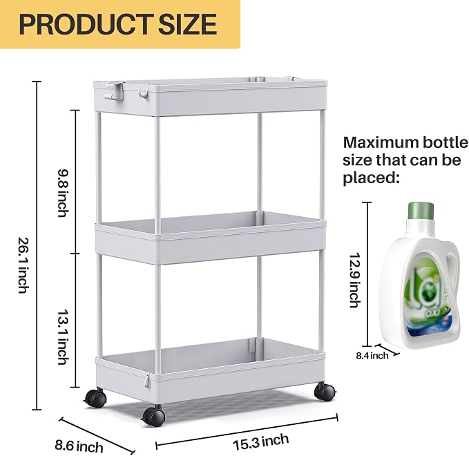 SPACEKEEPER 3 Tier Rolling Cart, Bathroom Cart Organizer with Wheels, Gray | Mobile Storage Cart for Laundry Room Organization,Kitchen,Office,Bathroom, Utility Cart for Snack,Craft,Art,Makeup,Nail,Toys - Image 4