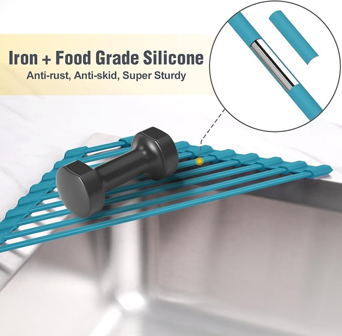 Tomorotec Roll Up Dish Drying Rack with Silicone Coating, Dark Green | 304 Stainless Steel with BPA-Free Silicone, Triangle Design Maximizes Sink Corner Space, Fits Compact Kitchens And RVs - Image 3