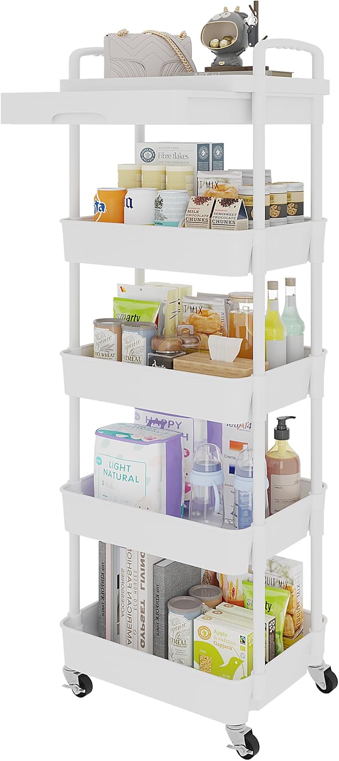 Calmootey 5-Tier Utility Cart with Drawer & Wheels, Storage for Home,Office | Space-Saving Organizer, Sturdy Plastic Shelves, Smooth-Rolling Metal Wheels, Built-in Drawer for Small Items, White by Calmootey
