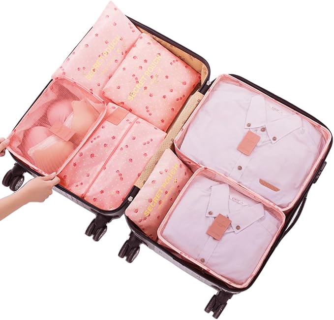 Packing Cubes for Suitcases - 7 Pieces,Light Packing Cubes for Travel, Suitcase Organizer Bags Set, Luggage Organizers for Suitcase, Water-Resistant Travel Essentials, Pink Cherry by Fxkoolr