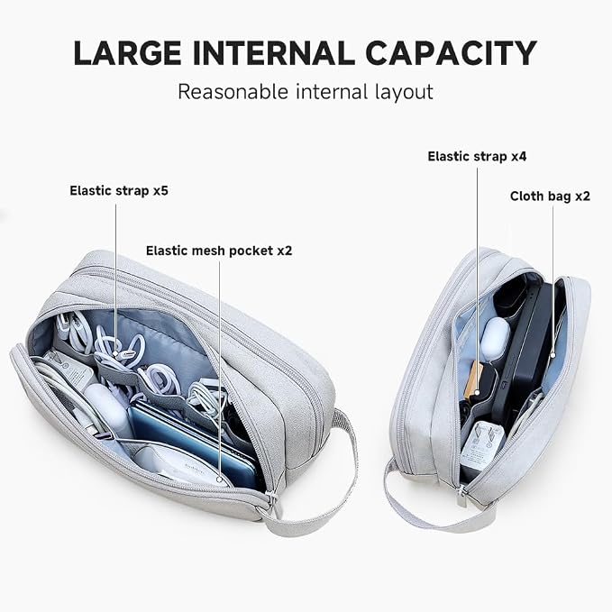 Teskyer Double Layer Cable Organizer Bag, Travel Tech Pouch, Light Grey | Elastic Bands Organization, Water Resistant Fabric, Multiple Compartments, Padded Protection, Travel and Office Use - Image 3